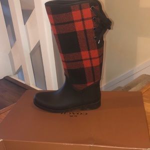Coach red & black plaid Tristee rain boots